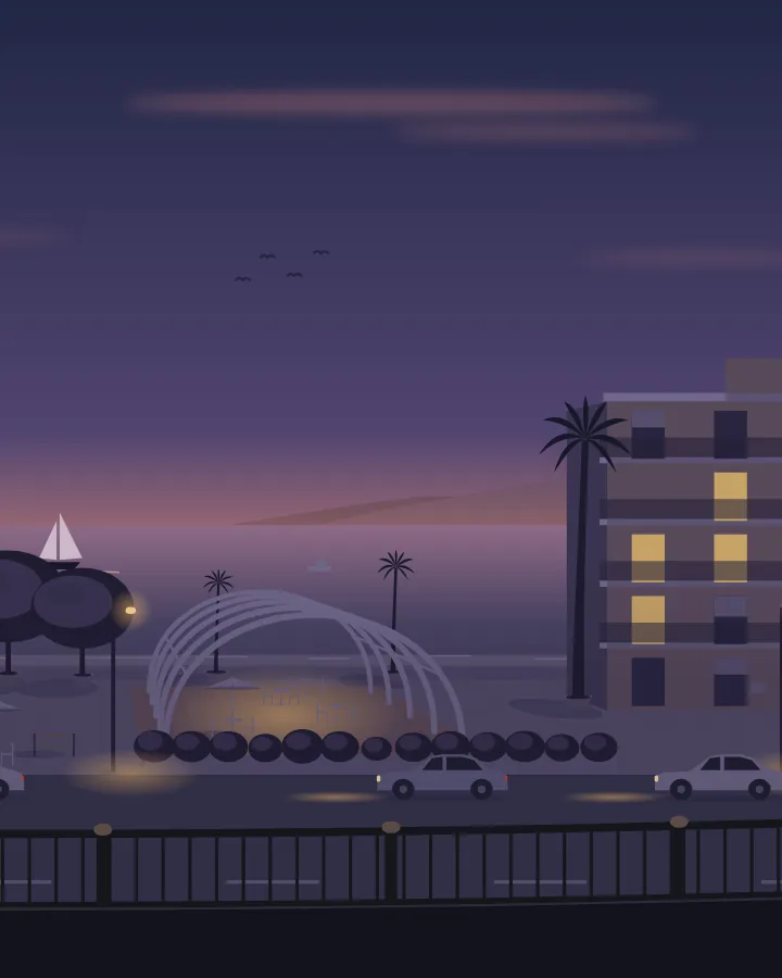 Drawing of the bay of Sarandë, dusk
