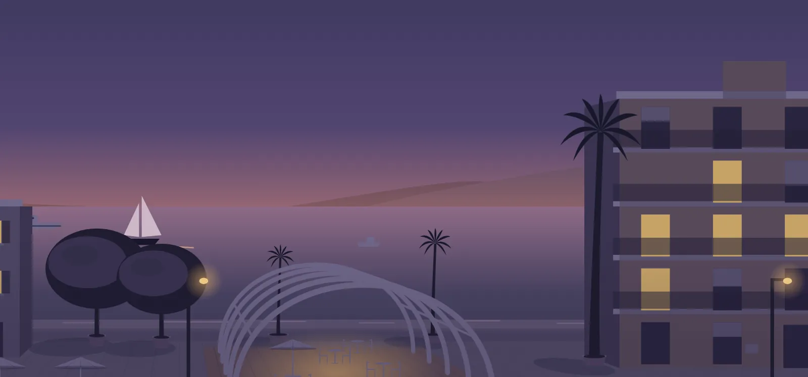 Drawing of Sarandë at dusk, with the town lights on