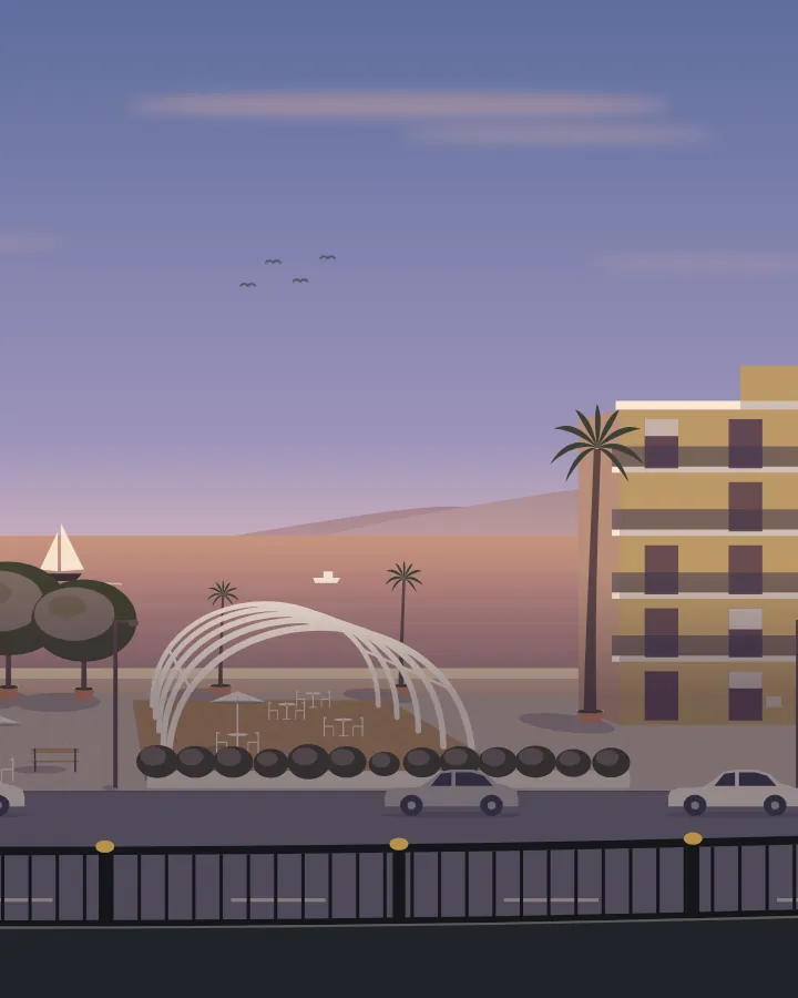 Drawing of the bay of Sarandë, golden hour